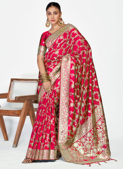 Vellora Rani Pink Banarasi Soft Silk Saree with Heavy Golden Jaal Weaving
