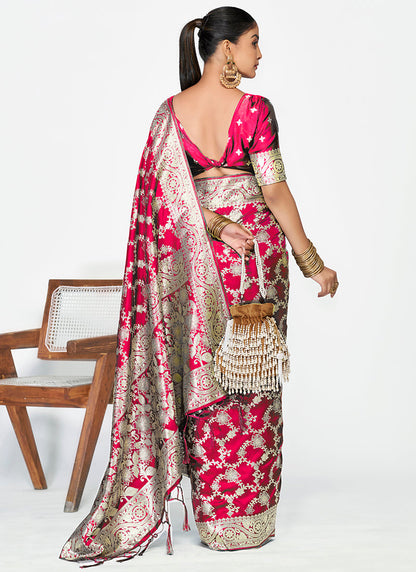 Vellora Rani Pink Banarasi Soft Silk Saree with Heavy Golden Jaal Weaving