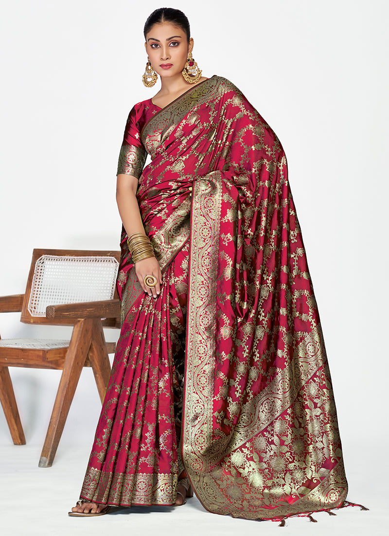 Vellora Wine Red Banarasi Silk Saree with Antique Golden Zari Work
