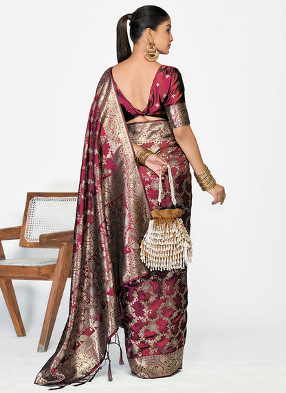 Vellora Wine Red Banarasi Silk Saree with Antique Golden Zari Work
