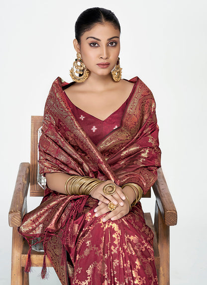 Vellora Wine Red Banarasi Silk Saree with Antique Golden Zari Work