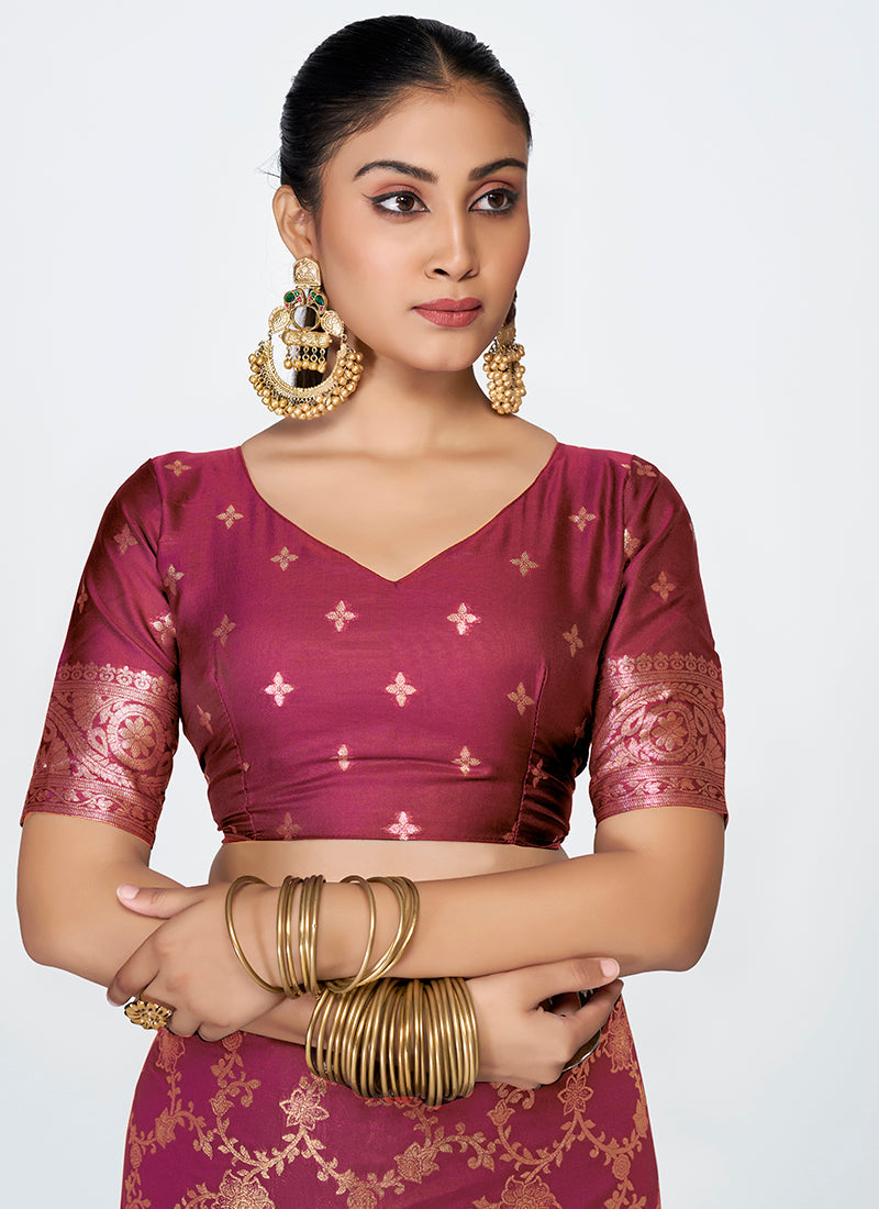 Vellora Wine Red Banarasi Silk Saree with Antique Golden Zari Work