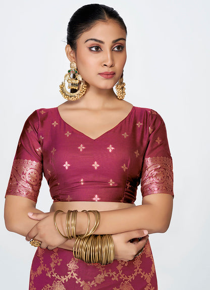 Vellora Wine Red Banarasi Silk Saree with Antique Golden Zari Work