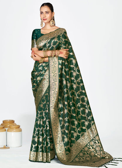 Vellora Bottle Green Banarasi Silk Saree with Elegant Zari Border