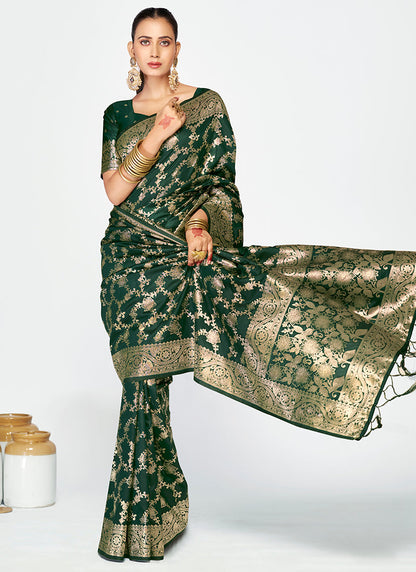 Vellora Bottle Green Banarasi Silk Saree with Elegant Zari Border