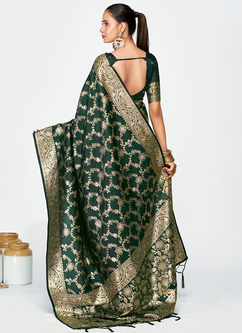 Vellora Bottle Green Banarasi Silk Saree with Elegant Zari Border