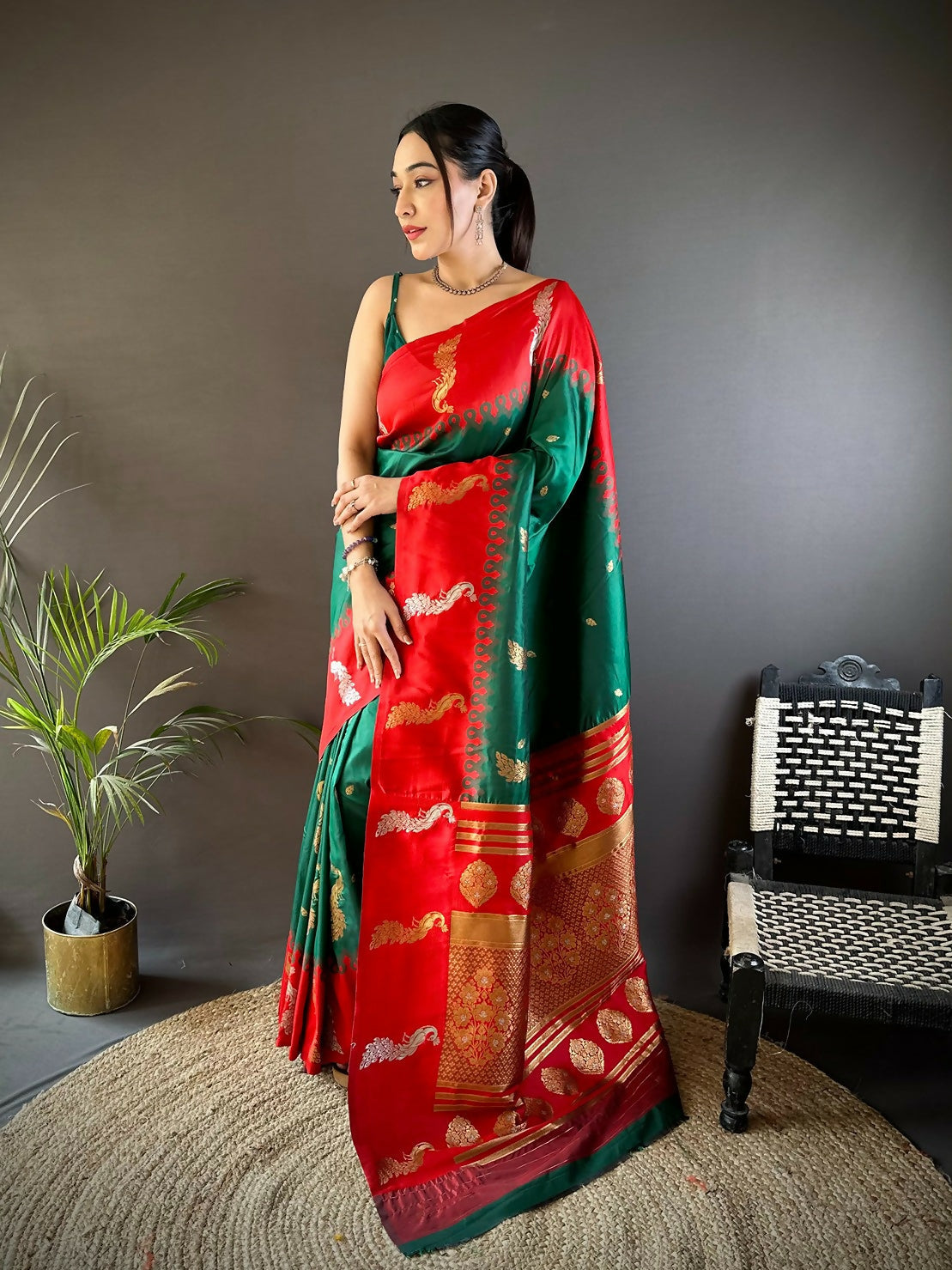 Joban Fashion Red Peacock,Butti Banarasi Silk Sarees
