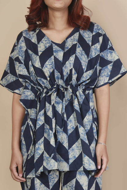 Breathables Women’S Loungewear Kaftan Cotton Blue Geometric Print Co-Ord Set