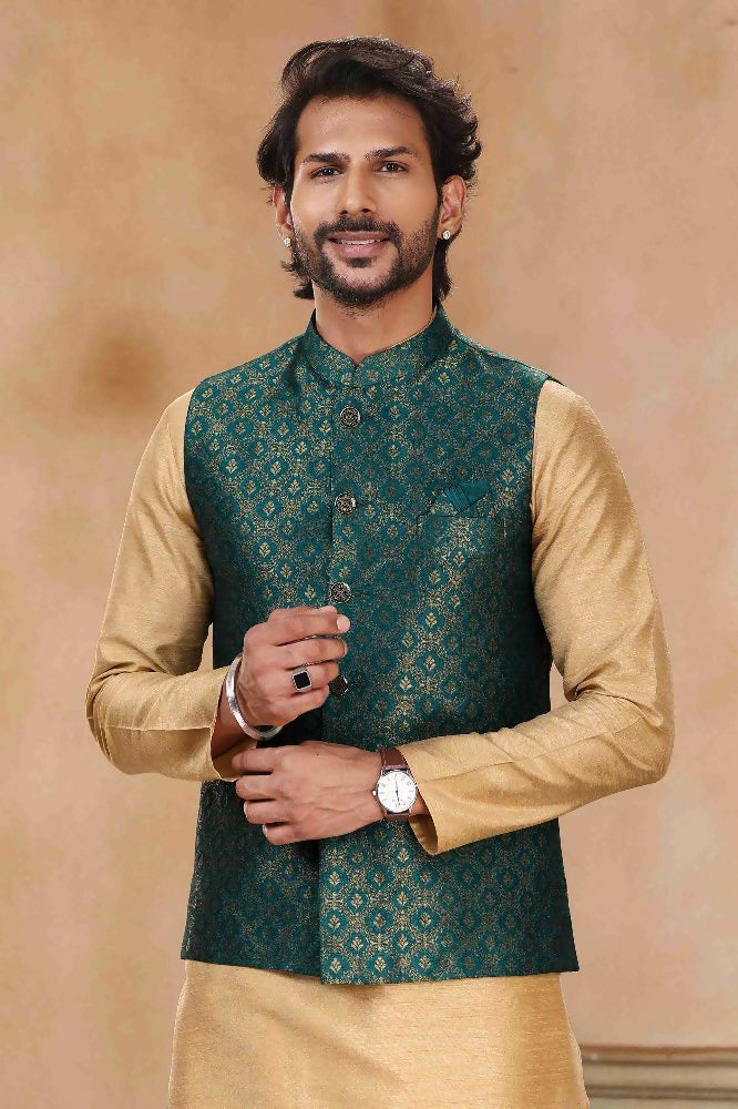 Raivat Ethnic Jacquard Banarasi Silk Woven Work 3 Pics Jacket Set In Green Colour