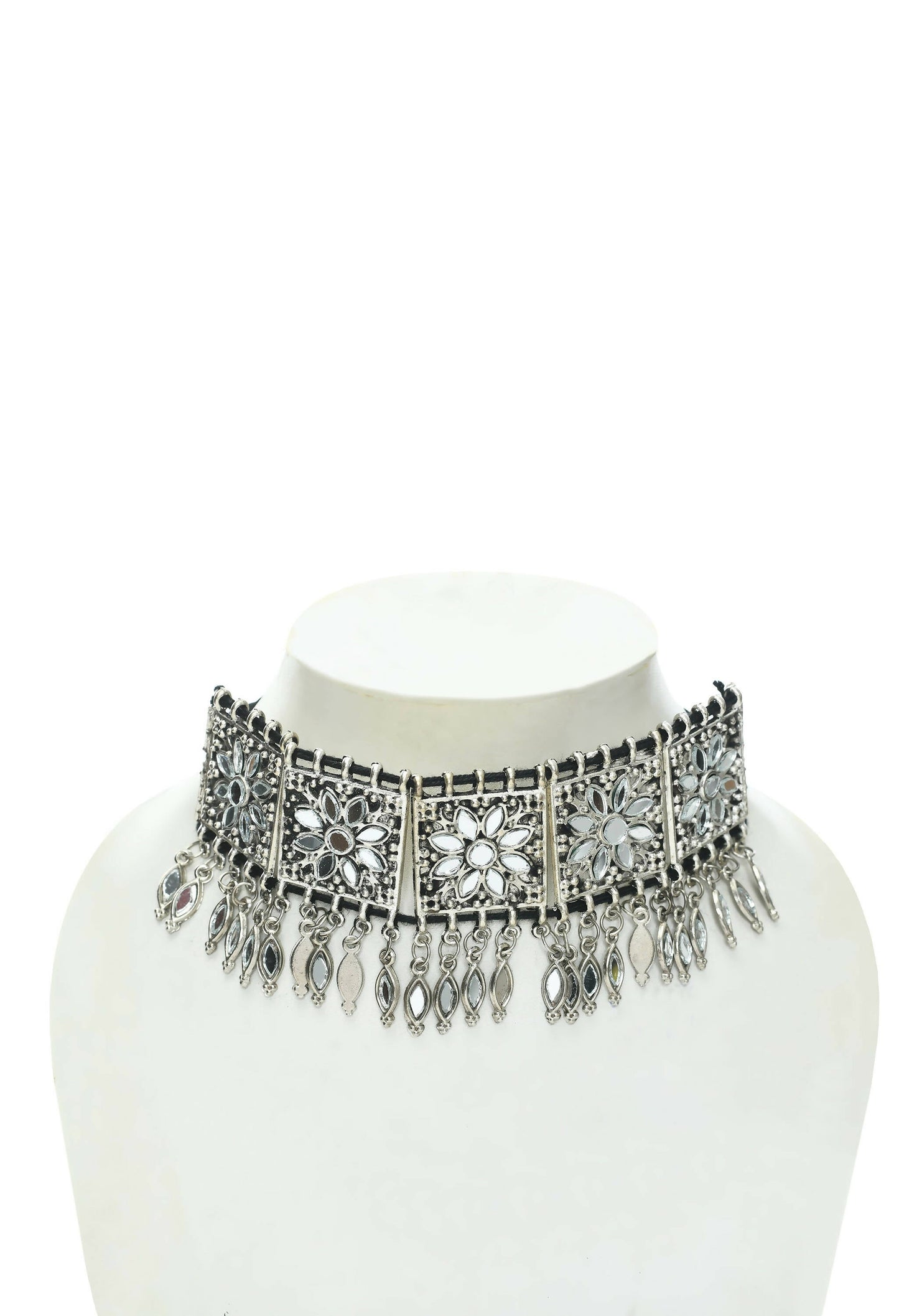 Mominos Fashion Johar Kamal Women Silver-Plated Brass Finish Mirror Work Choker