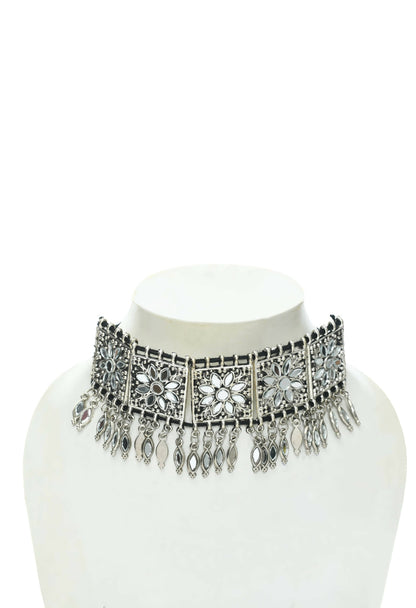Mominos Fashion Johar Kamal Women Silver-Plated Brass Finish Mirror Work Choker