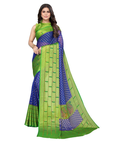 Vamika Blue Chiffon Brasso Bollywood Style Woven Saree (DIMPLE BLUE)