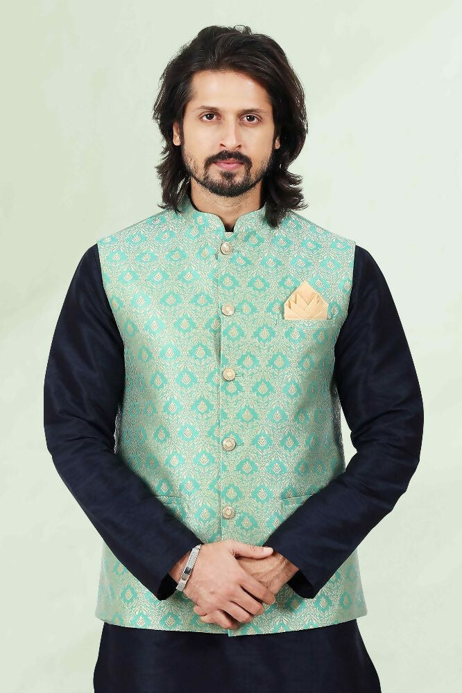 Raivat Ethnic Jacquard Banarasi Silk Woven Work 3 Pics Jacket Set In Pista Green Colour