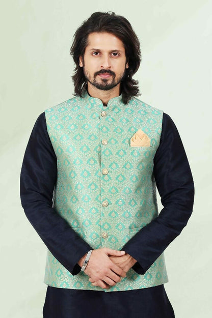 Raivat Ethnic Jacquard Banarasi Silk Woven Work 3 Pics Jacket Set In Pista Green Colour