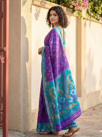 Anaita Violet Pochampally Printed Saree With Blouse