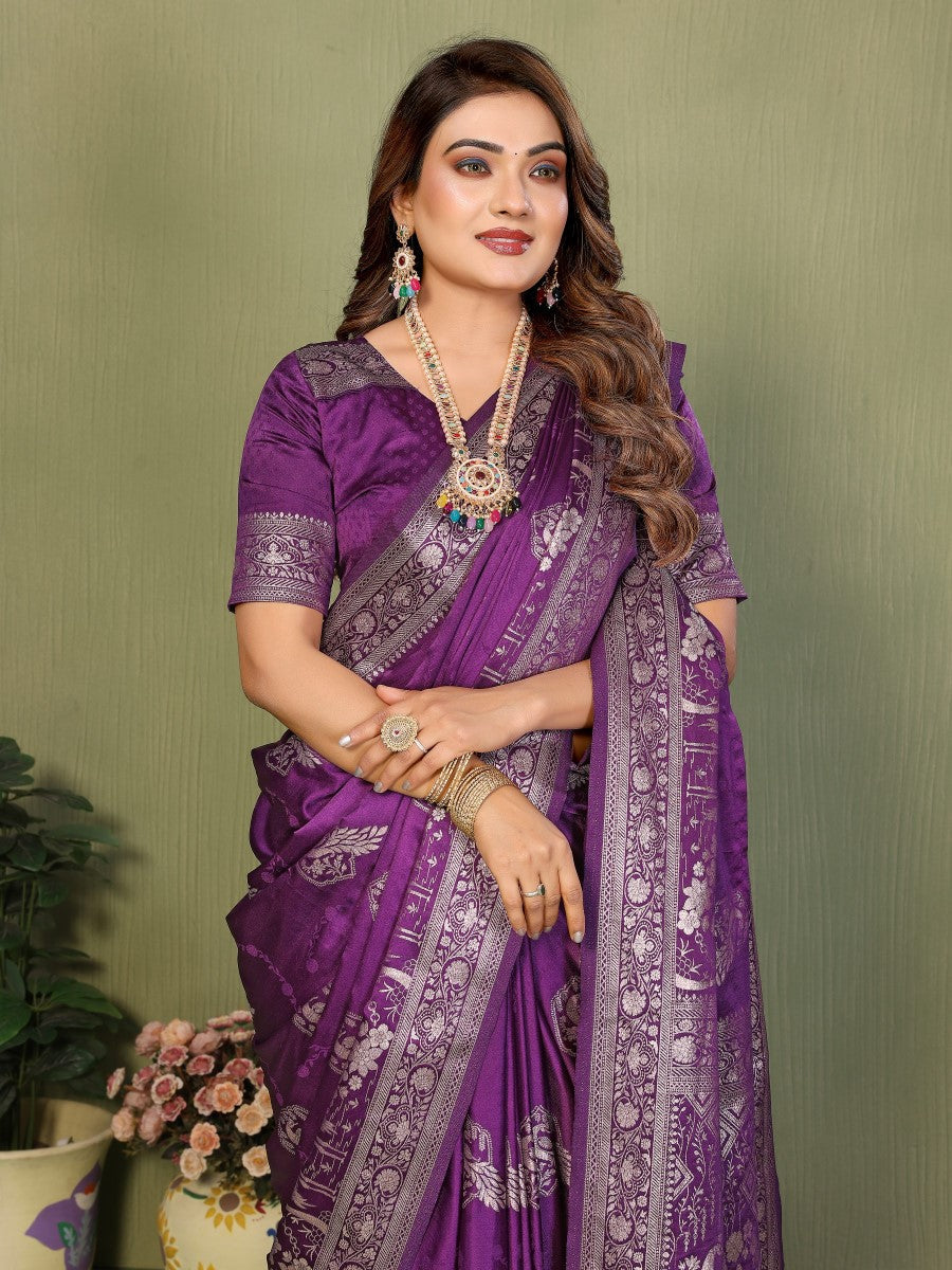 Anaita Violet Zari Butta Work Satin Silk Saree With Blouse