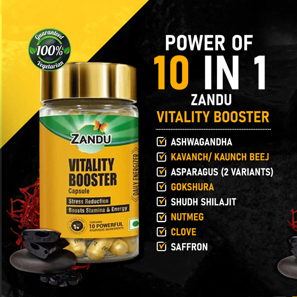 Zandu Vitality Booster Capsules for Vigor, Vitality & Stress Relief - 60 Capss