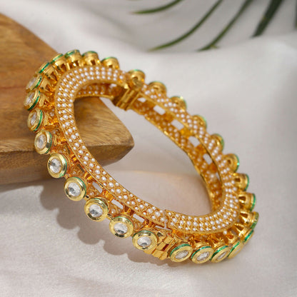 Kundan and Pearl Studded Bangle (Gold) - Ruby Raang