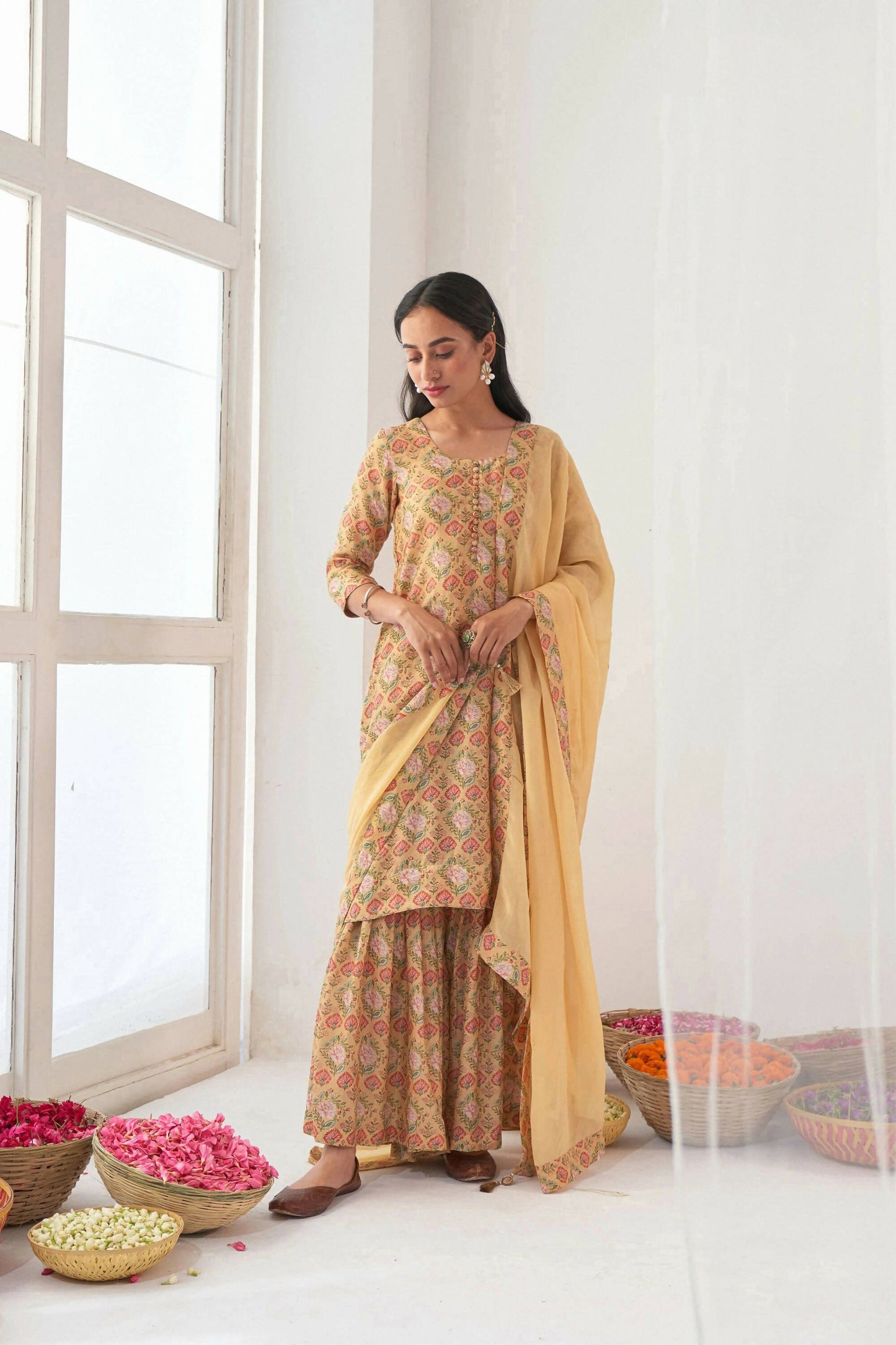 Designer Stylish Yellow Muslin Stitched Suit With Dupatta - Anbazaar