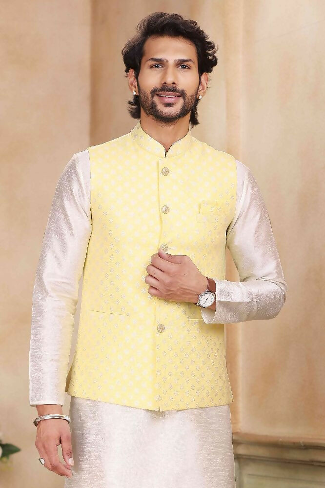 Raivat Ethnic Jacquard Banarasi Silk Woven Work 3 Pics Jacket Set In Yellow Colour