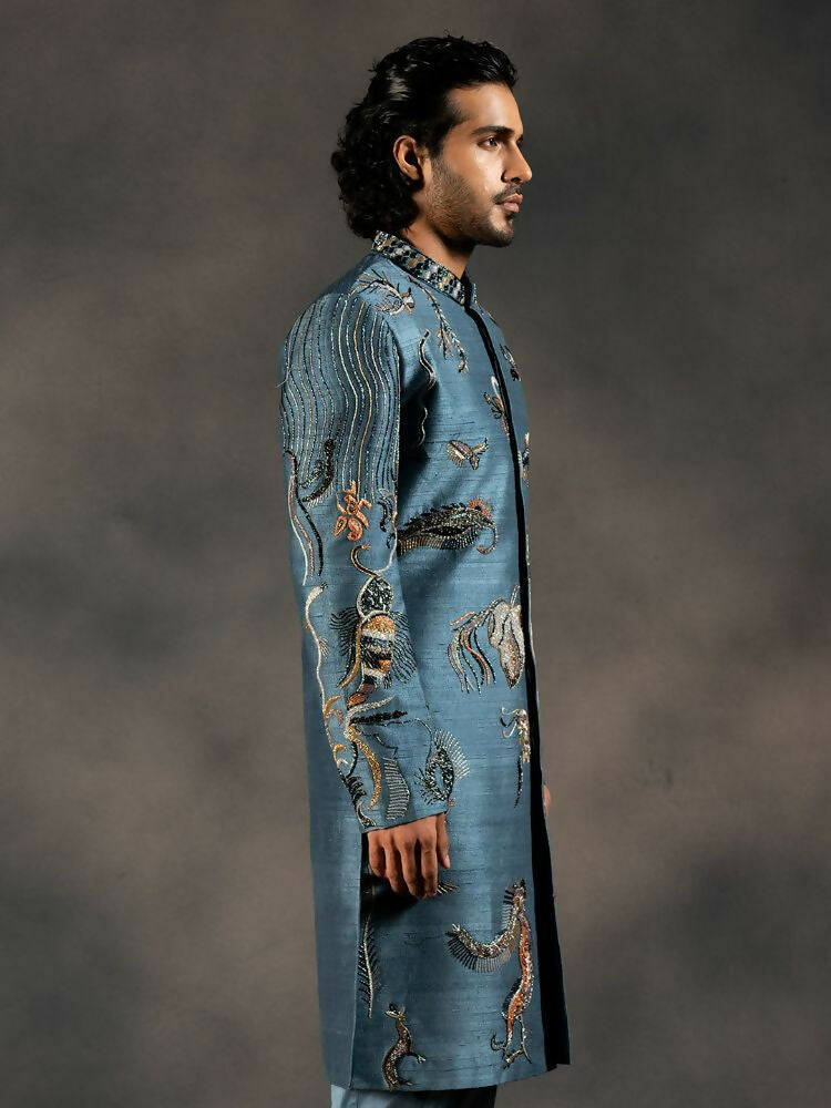Deep Blue Hand Embroidered Indowestern Sherwani by Hilo Design