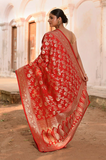 Joban Fashion Red Banarasi Soft Pure Handloom Banarasi Silk Saree