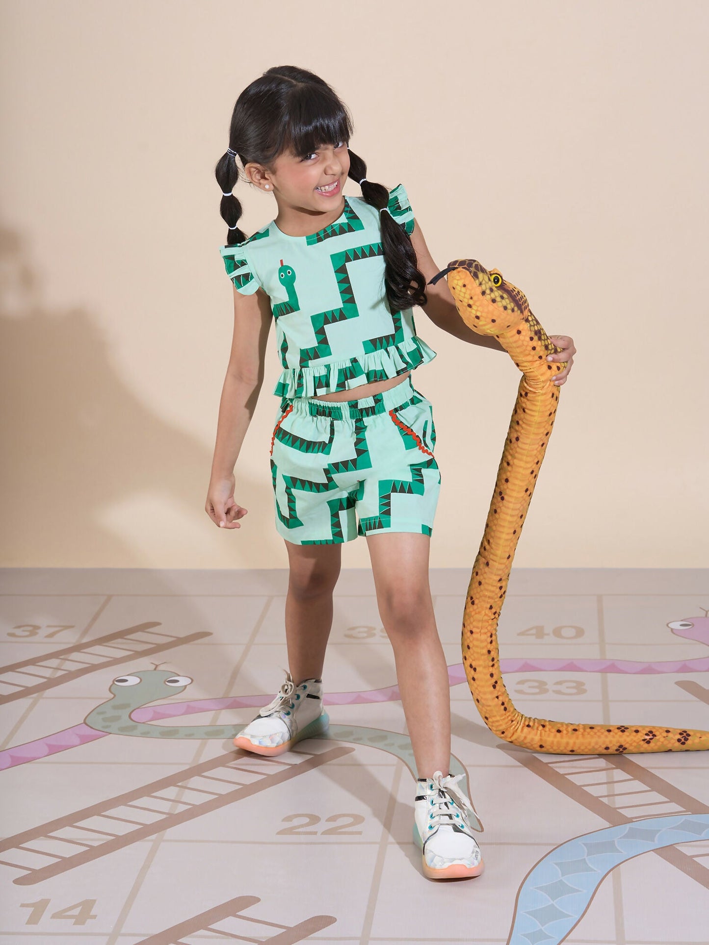 Snakes and Ladders Girls Green Table Print Top and Shorts Sets from Siblings Collection