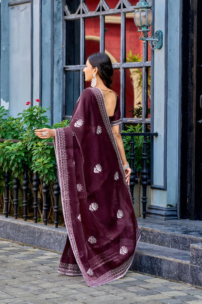 Vastranavya Wine Embroidery Work Shimmer Chiffon Saree with Unstitched Blouse