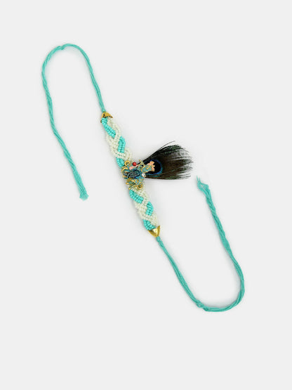 NVR Women & Men Set of 2 Blue Krishna Pearl Bhaiya Bhabhi Rakhi With Roli Chawal & Chocolate