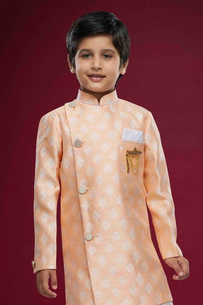 Raivat Ethnic Kids Banarasi Jacquard Woven Work Semi Indo Western Set Peach Colour