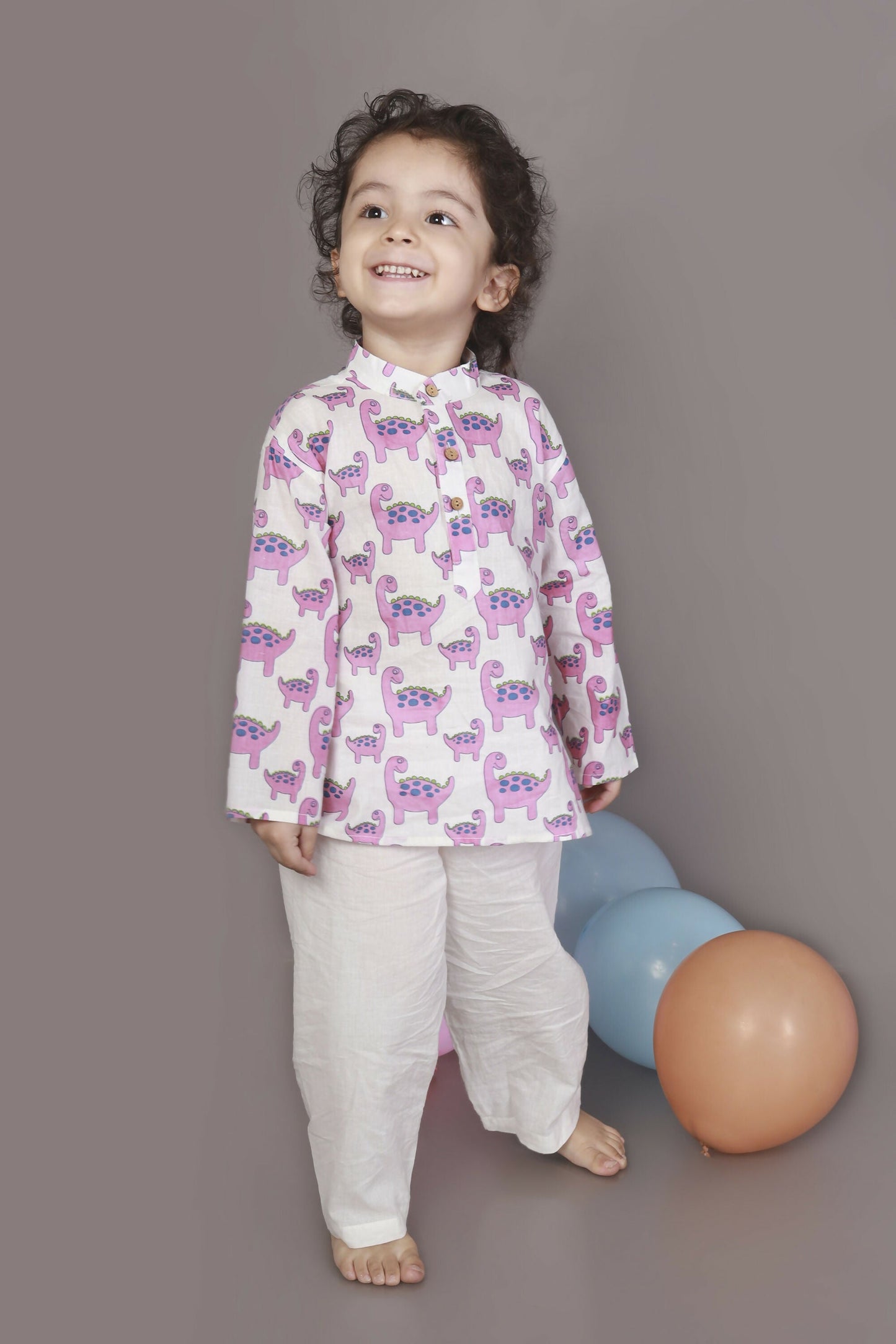 Breathables Kids Boys & Girls Cotton Night Suit – Purple Dinosaur Print Kurta & Pyjama Co-Ord Set