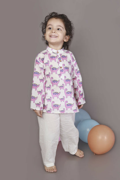 Breathables Kids Boys & Girls Cotton Night Suit – Purple Dinosaur Print Kurta & Pyjama Co-Ord Set