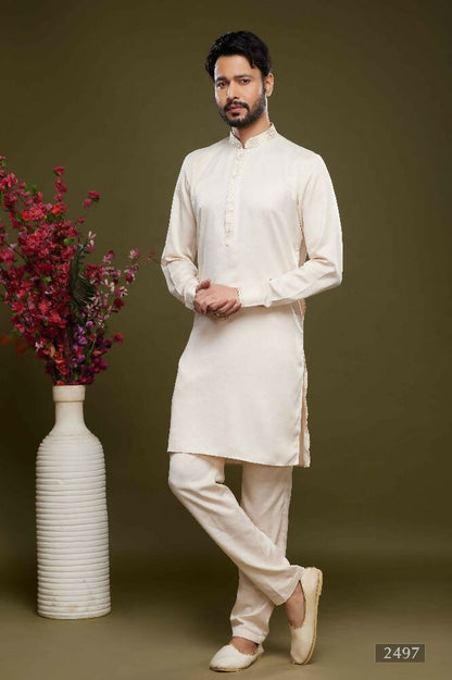 Raivat Ethnic Art Banarasi Silk Thread Work Kurta Pajama In Cream Colour
