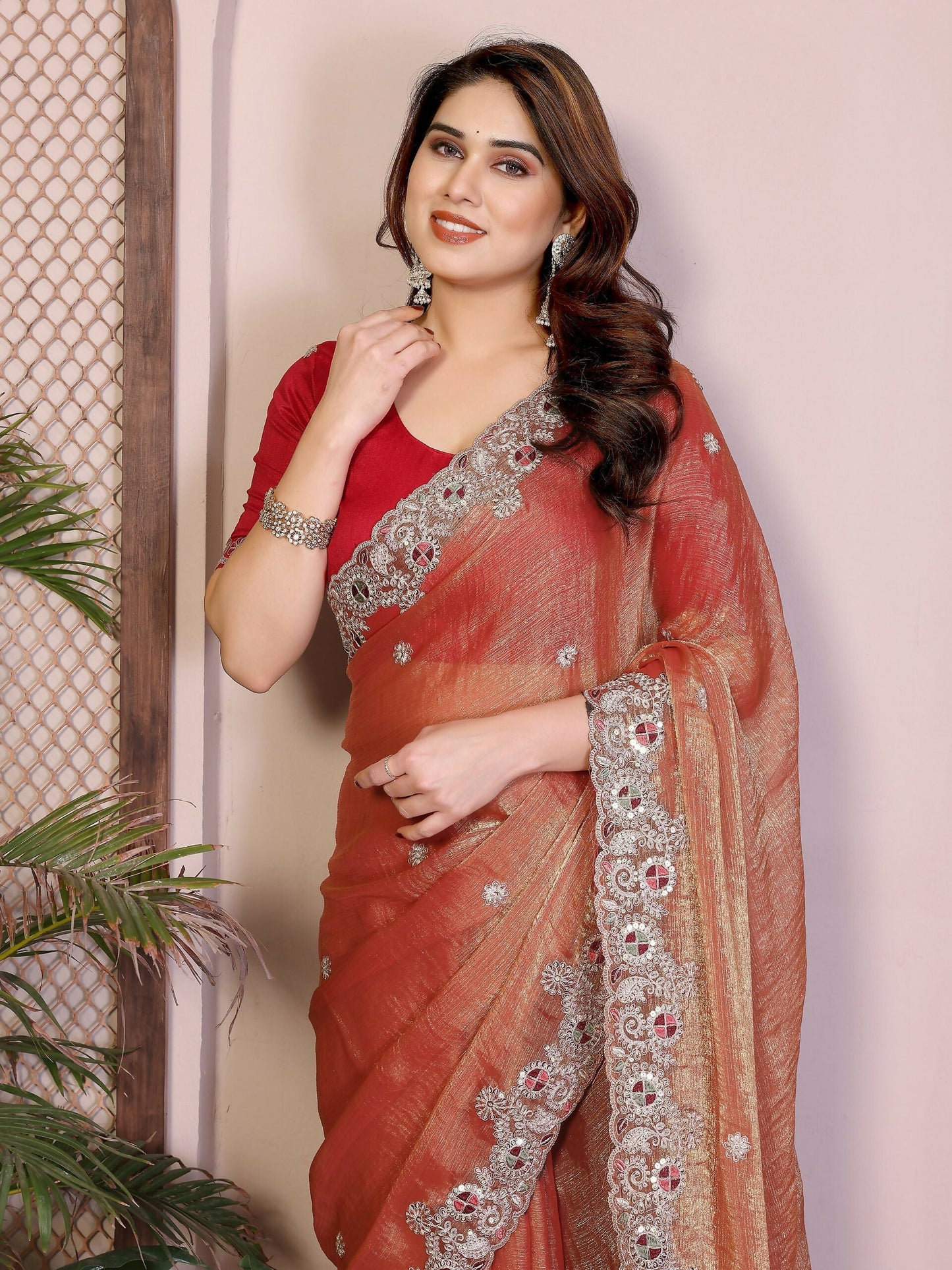 Teeya Creation New Womens Latest Party Wear Soft Chiffon Silk Saree-Peach