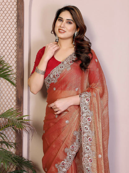Teeya Creation New Womens Latest Party Wear Soft Chiffon Silk Saree-Peach