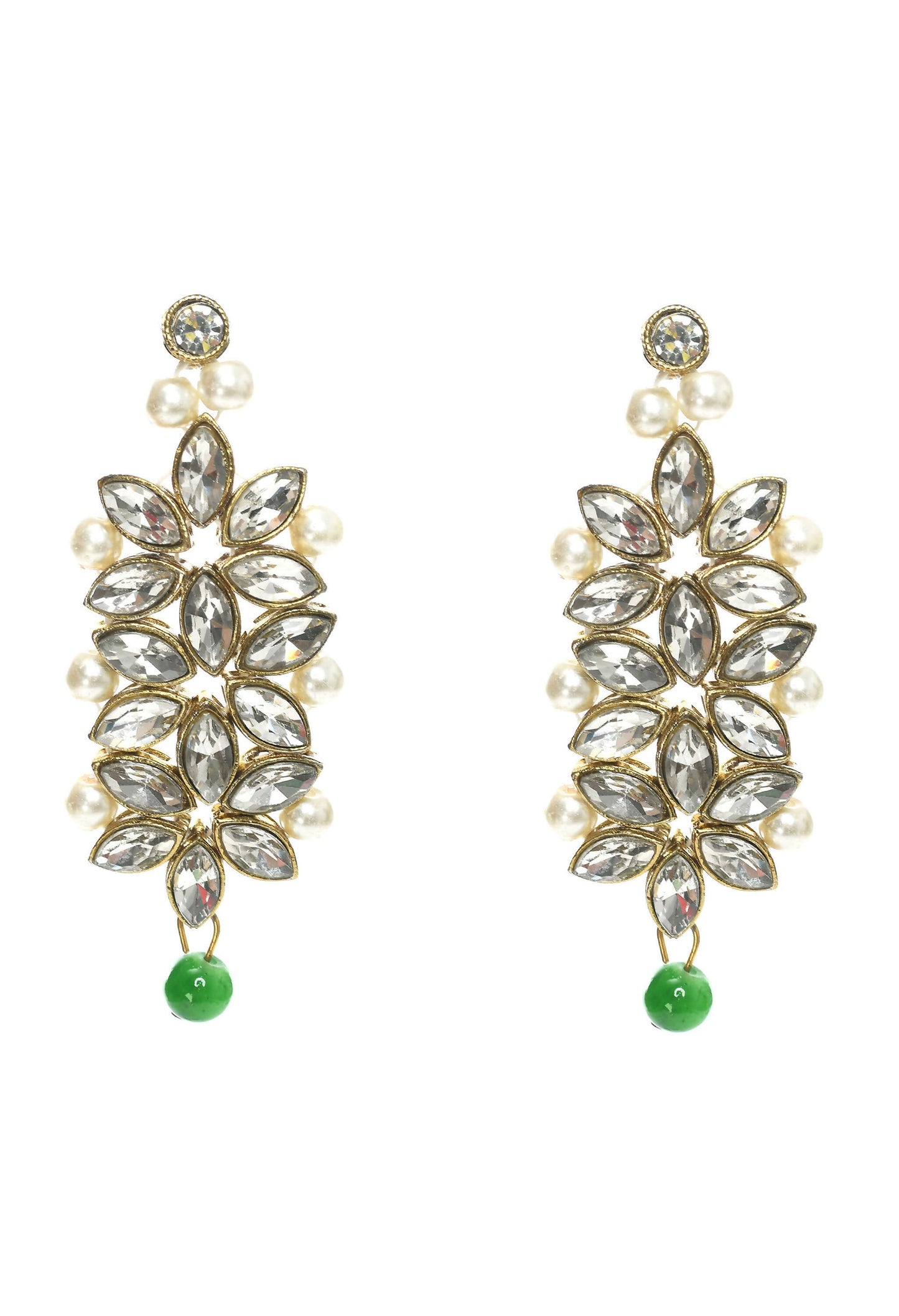 Mominos Fashion Johar Kamal Gold-Polished Rani Haar with Green and Off white Pearls Jewellery Set