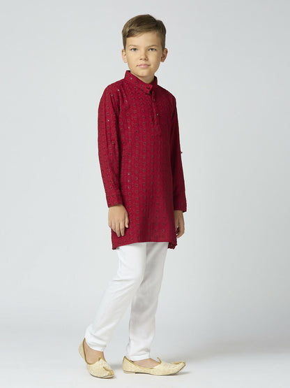 Joban Fashion Kids Island Full Sleeves Cotton Kurta and Pyjama Set with Sequin work - Maroon