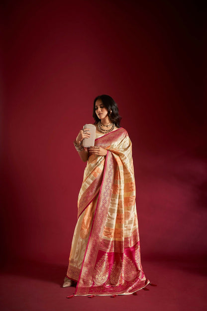 Joban Fashion Cream & Orange Plain With Weaving Border Banarasi Silk Sarees