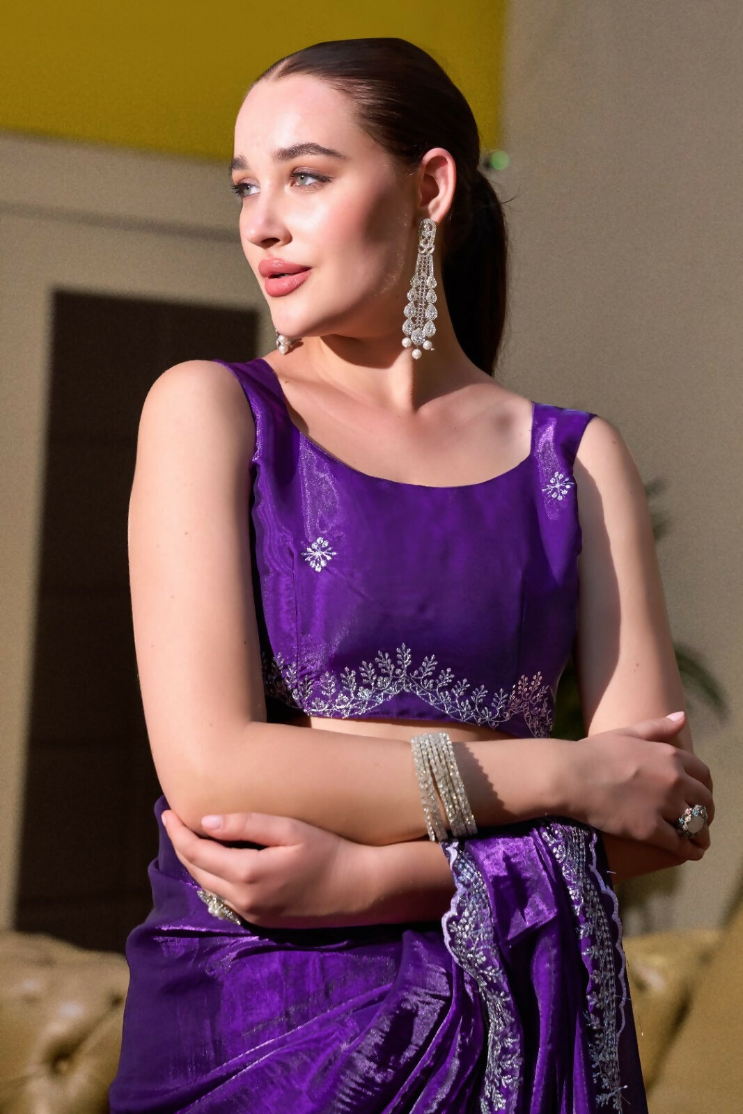 Vastranavya Purple-Blue Embroidery Work Shimmer Chiffon Saree with Unstitched Blouse