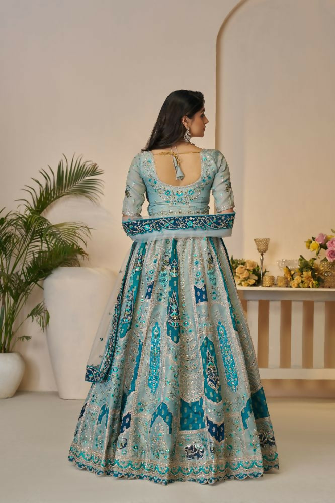 Kesar Fab Sky-Blue Banarasi Silk Embroidered Lehenga