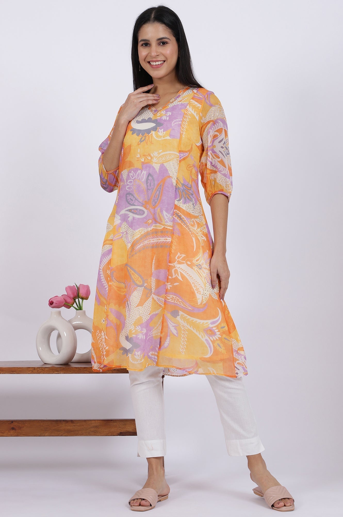 W for Woman Orange Printed A-Line Chiffon Kurta