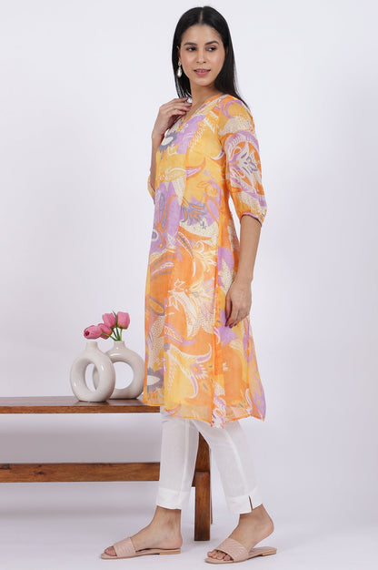 W for Woman Orange Printed A-Line Chiffon Kurta