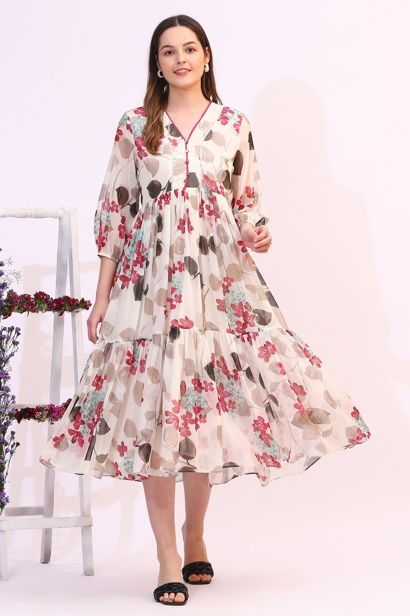 W for Woman Off White Bold Floral Printed Chiffon Tiered Dress