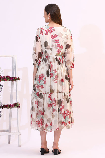 W for Woman Off White Bold Floral Printed Chiffon Tiered Dress