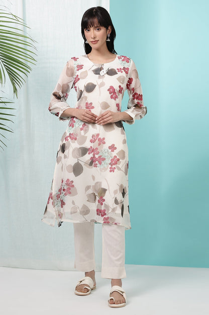 W for Woman Off-White Floral Printed Chiffon Straight Kurta with Lace