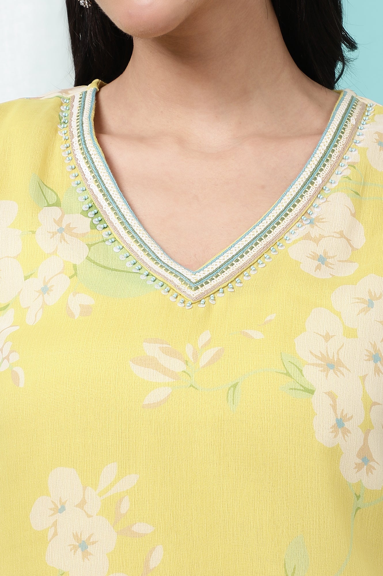 W for Woman Yellow Floral Printed Chiffon Flared Kurta with Beads