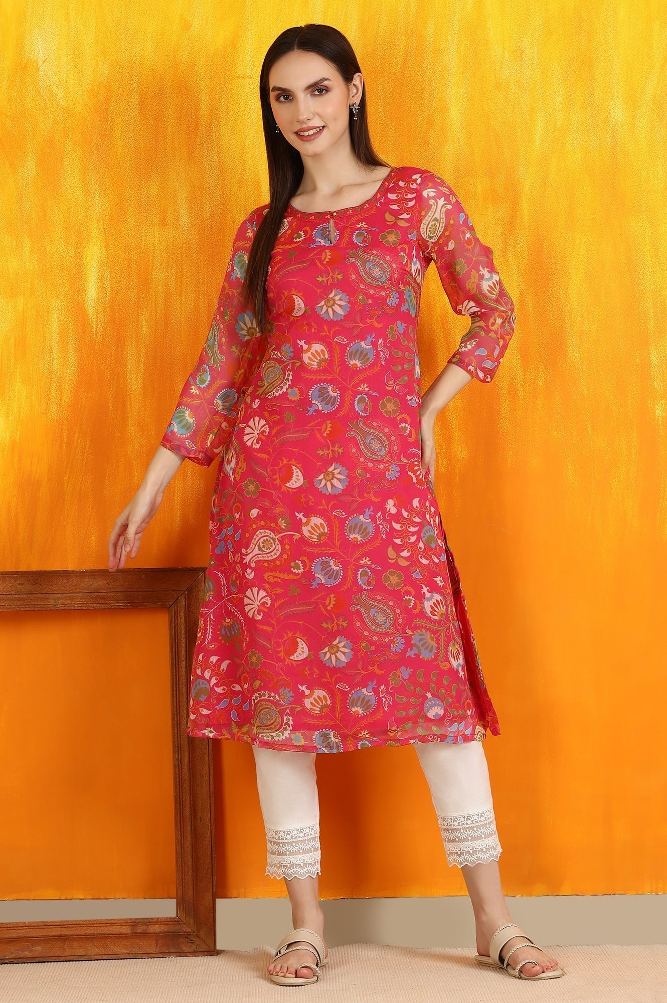 W for Woman Pink Floral Printed Chiffon Straight Kurta