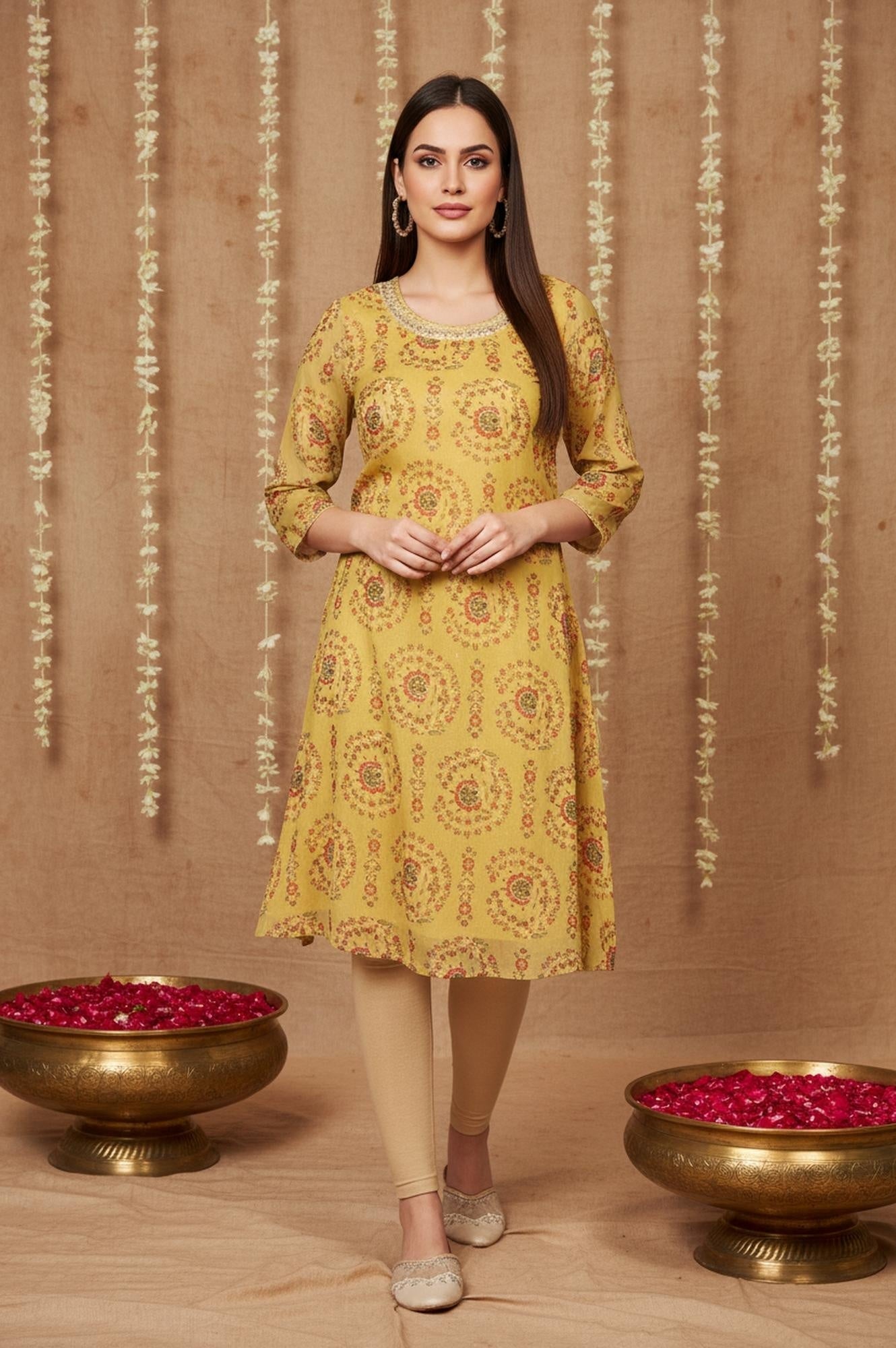 W for Woman Yellow Floral Thread Work A-Line Chiffon Kurta