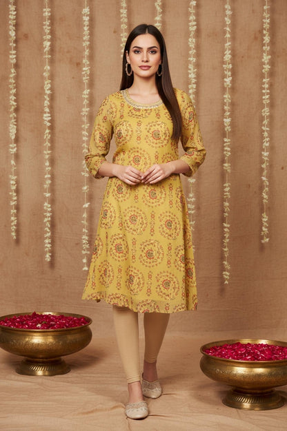 W for Woman Yellow Floral Thread Work A-Line Chiffon Kurta