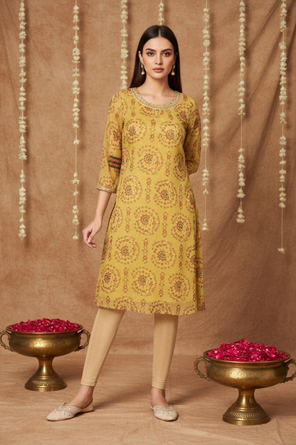 W for Woman Yellow Floral Thread Work A-Line Chiffon Kurta